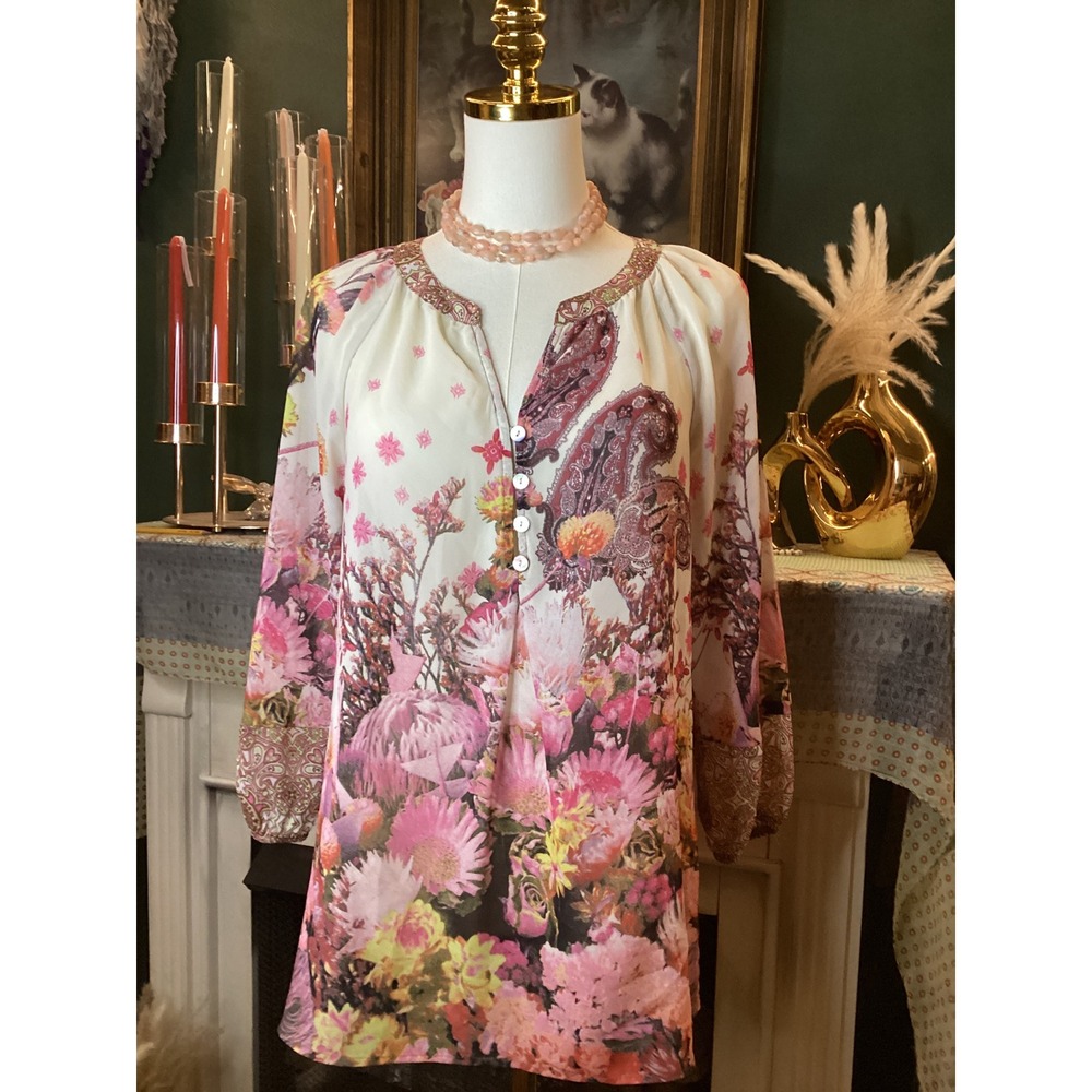 Fig and Flower Floral Paisley Boho Tunic Blouse Pink White Small